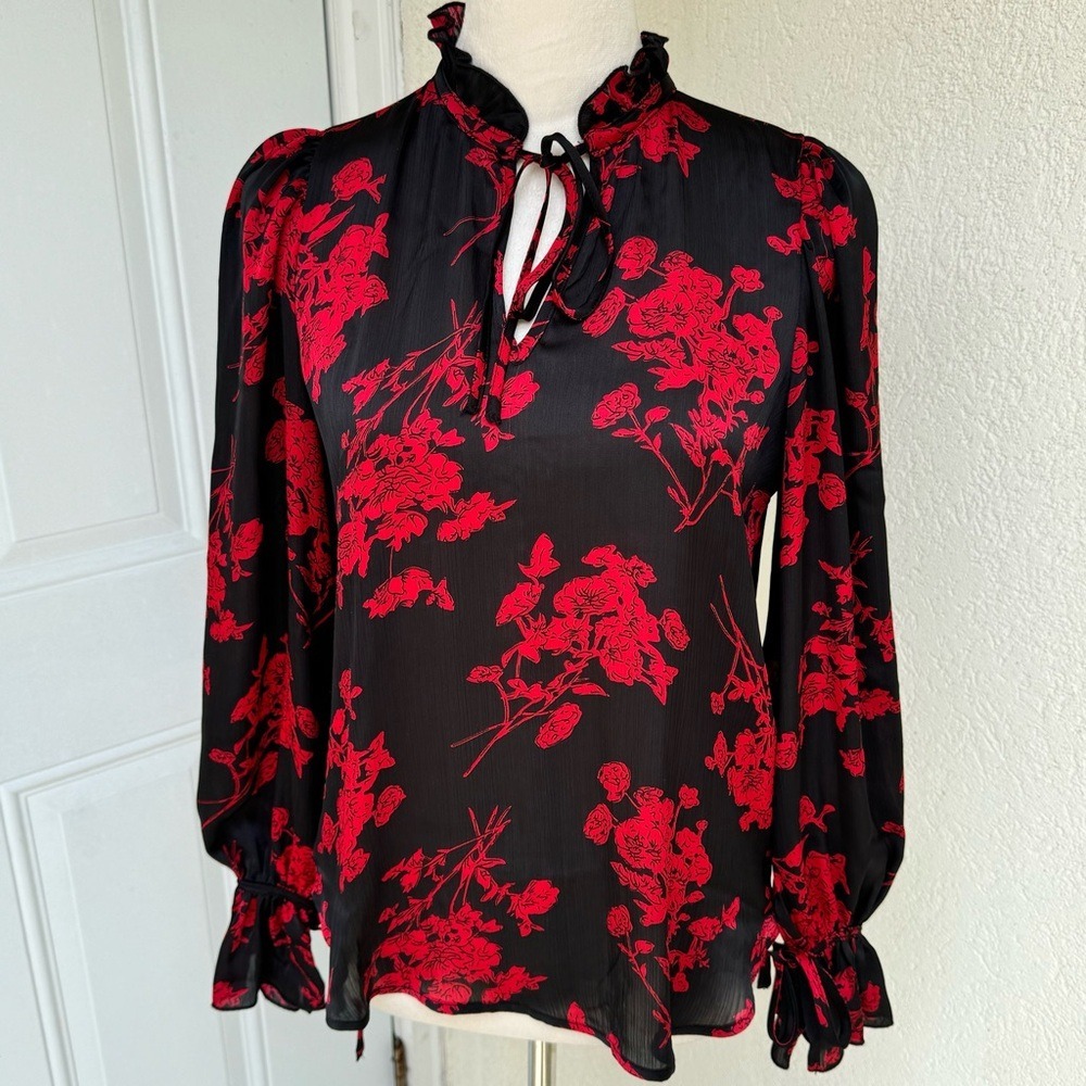 HAVER-LONDON- Red & Black, Long Bell Sleeves Blouse. Ruffles around‎ Neck.XS.